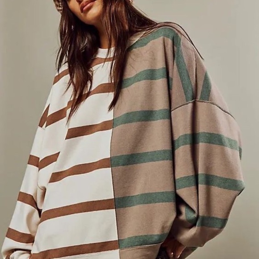 ISO XS Free People tan cream green uptown stripe sweater pullover